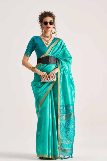 Blue Bandhej Silk Zari Border Saree