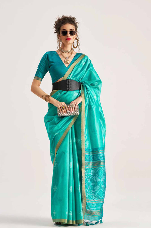 Blue Bandhej Silk Zari Border Saree