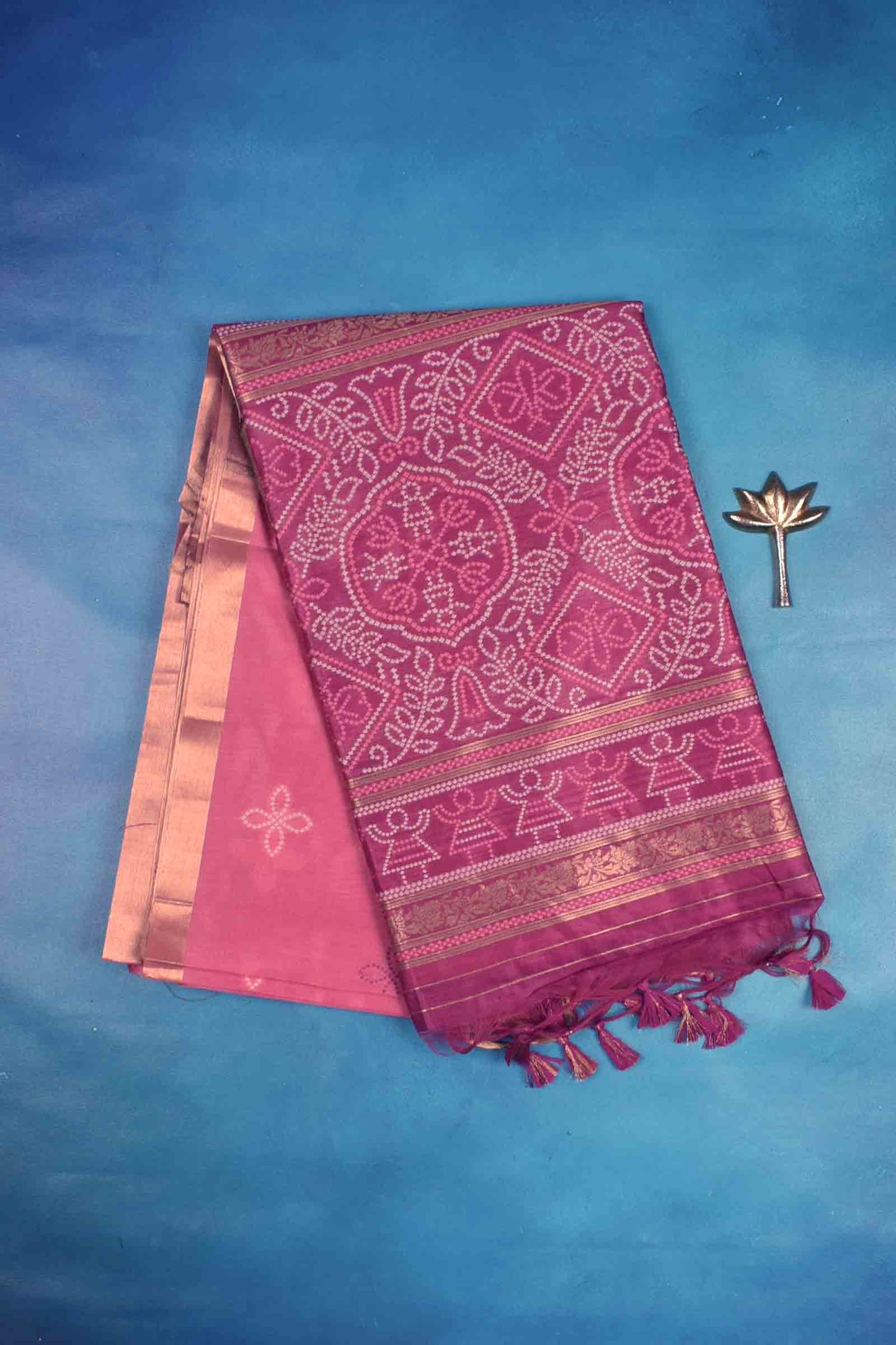 Pink Bandhej Silk Zari Border Saree