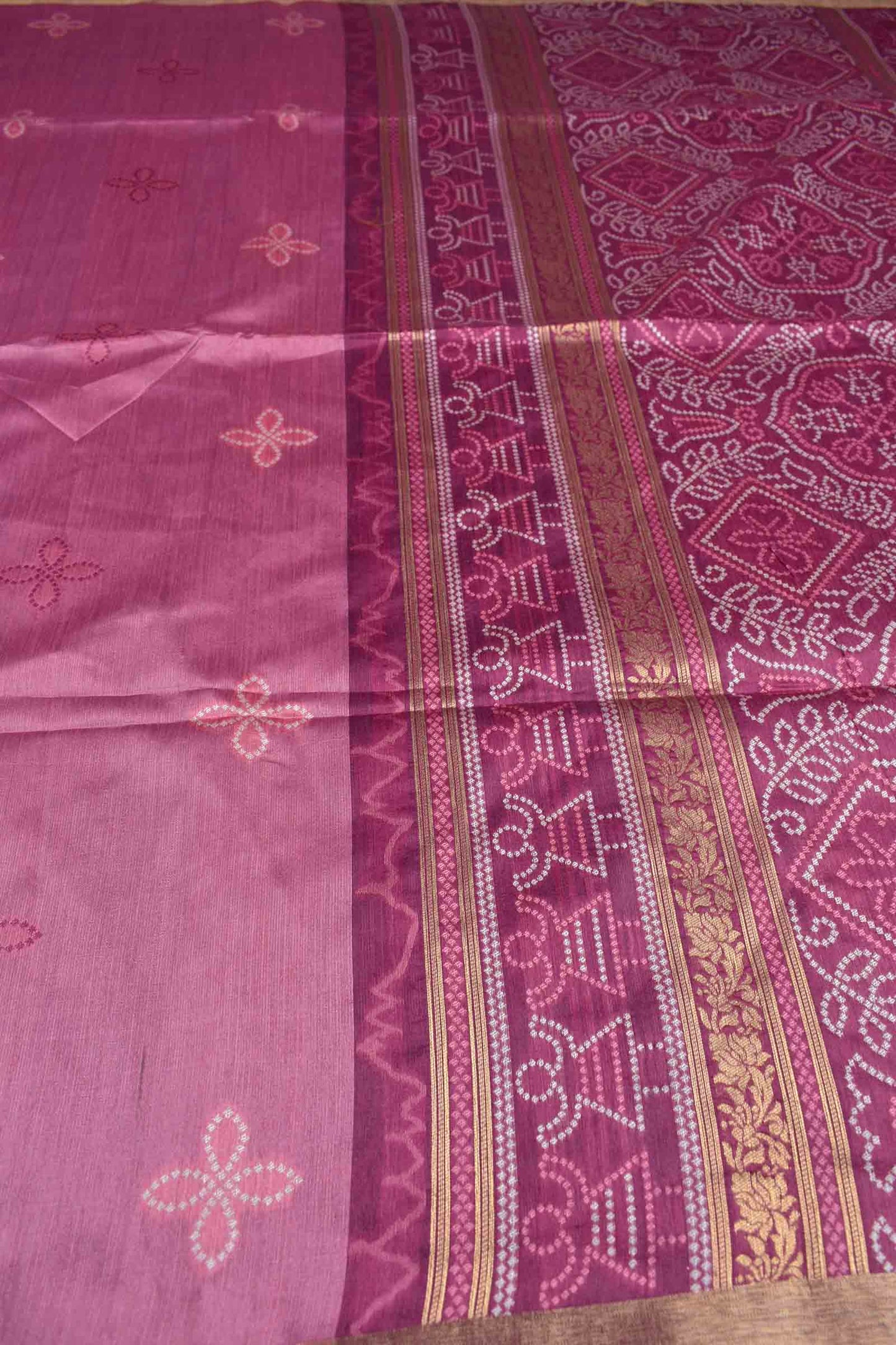 Pink Bandhej Silk Zari Border Saree