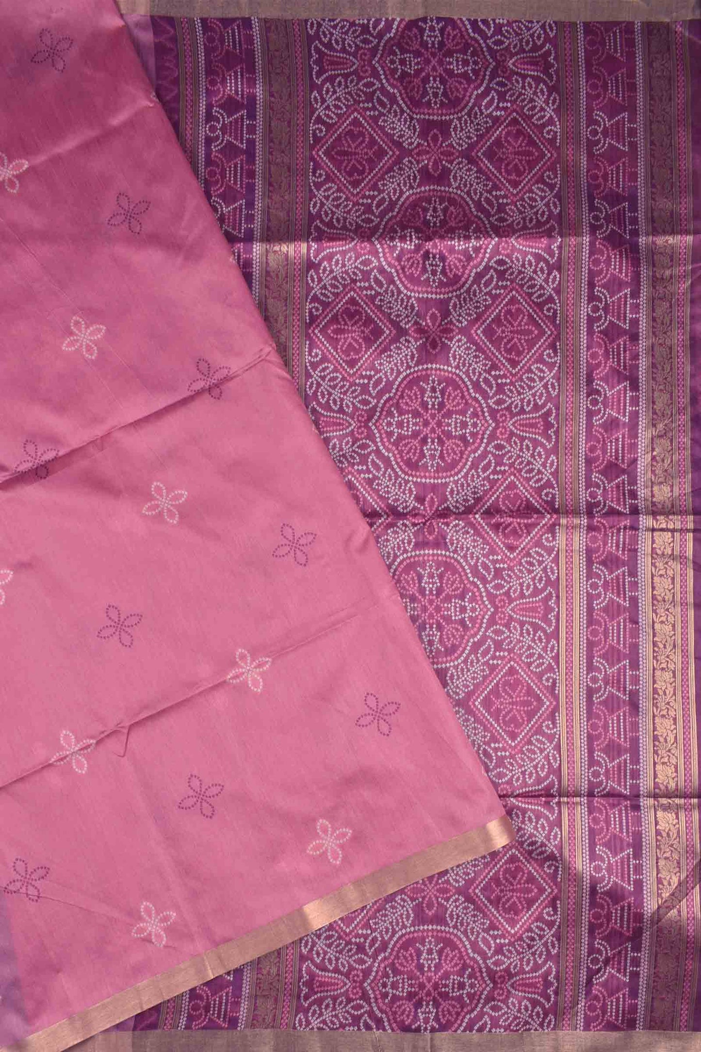 Pink Bandhej Silk Zari Border Saree