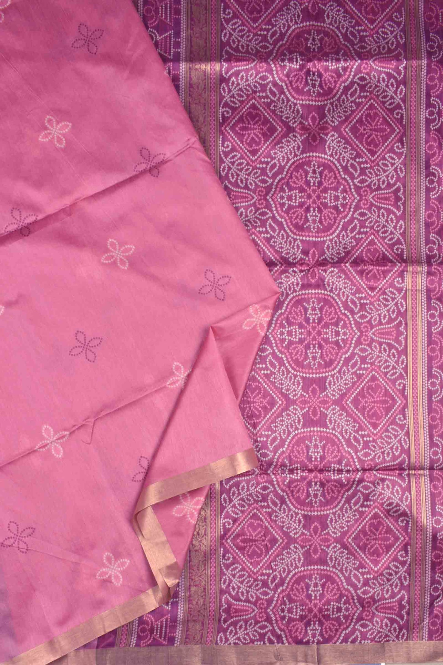 Pink Bandhej Silk Zari Border Saree
