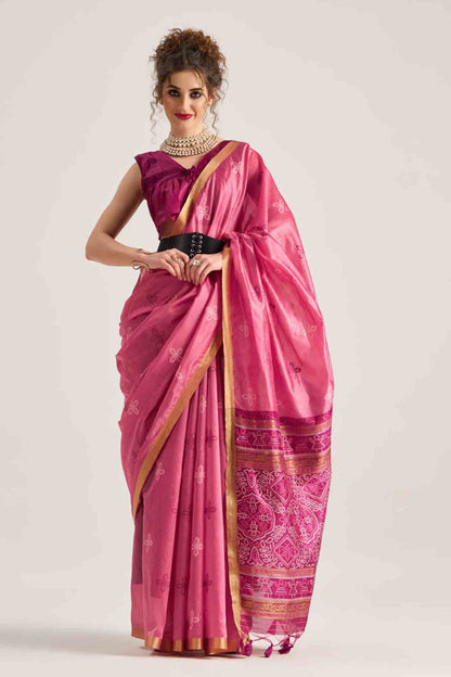 Pink Bandhej Silk Zari Border Saree