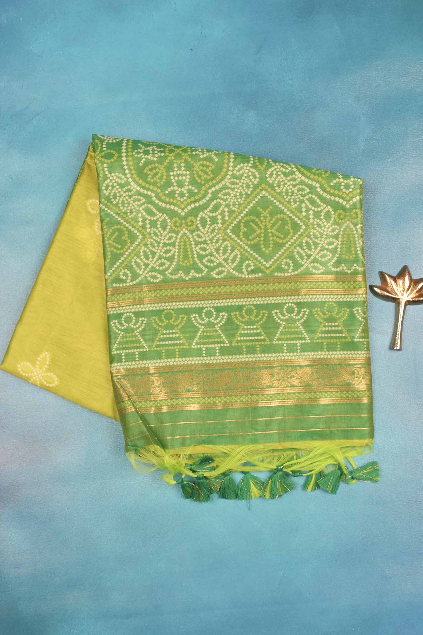 Green  Bandhej  Silk Zari Border Saree