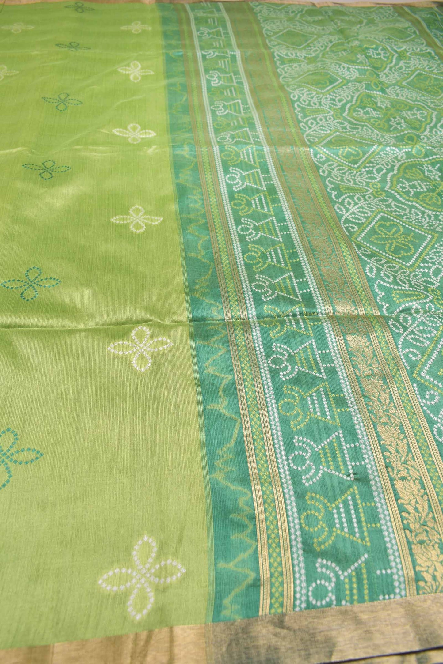 Green  Bandhej  Silk Zari Border Saree