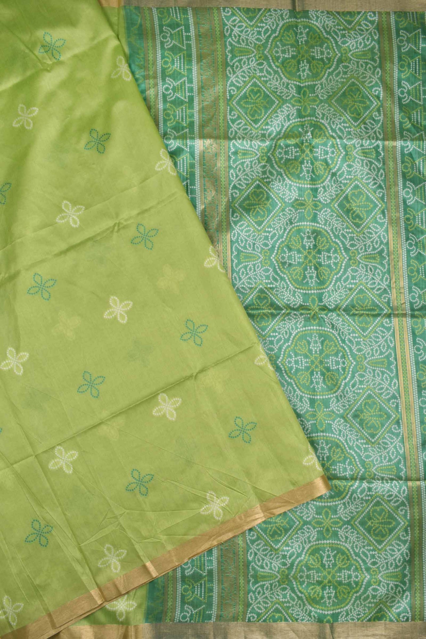 Green  Bandhej  Silk Zari Border Saree