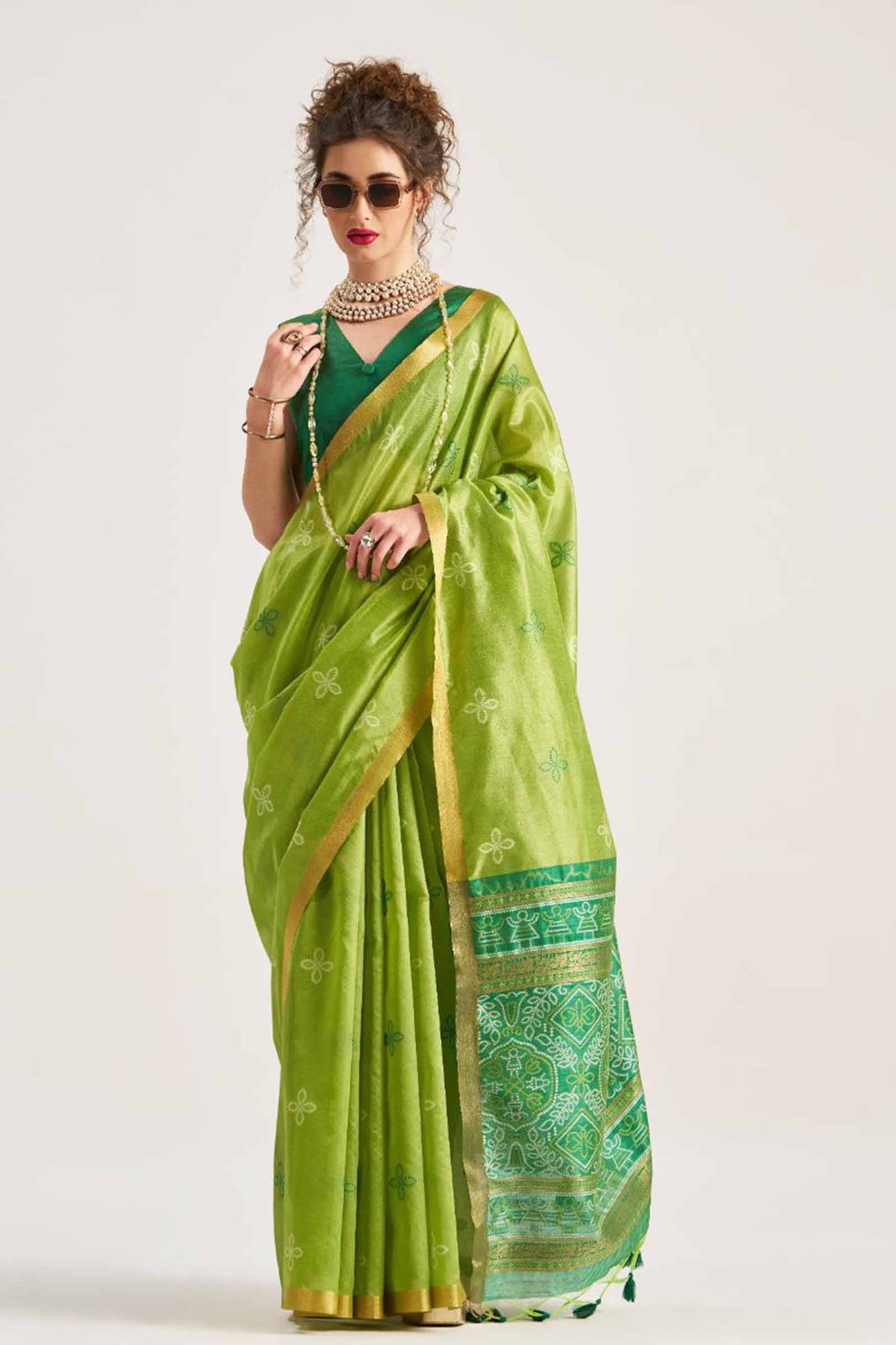 Green  Bandhej  Silk Zari Border Saree