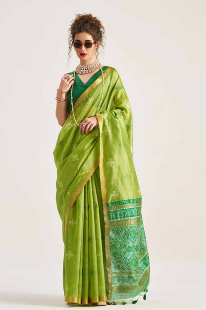 Green  Bandhej  Silk Zari Border Saree