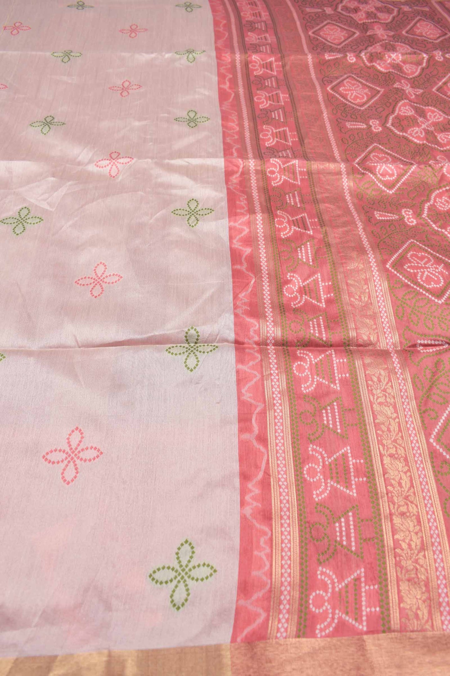 Sandal  Bandhej  Silk Zari Border Saree