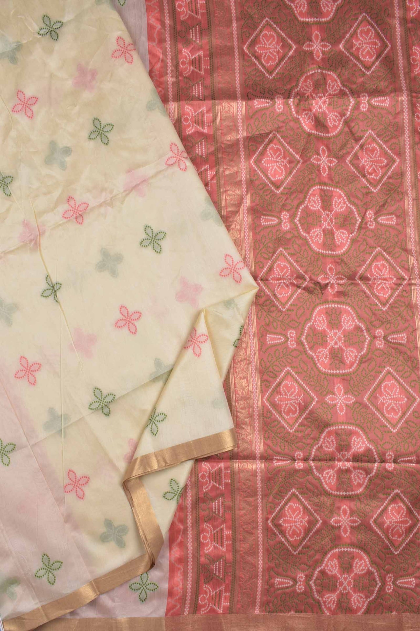 Sandal  Bandhej  Silk Zari Border Saree