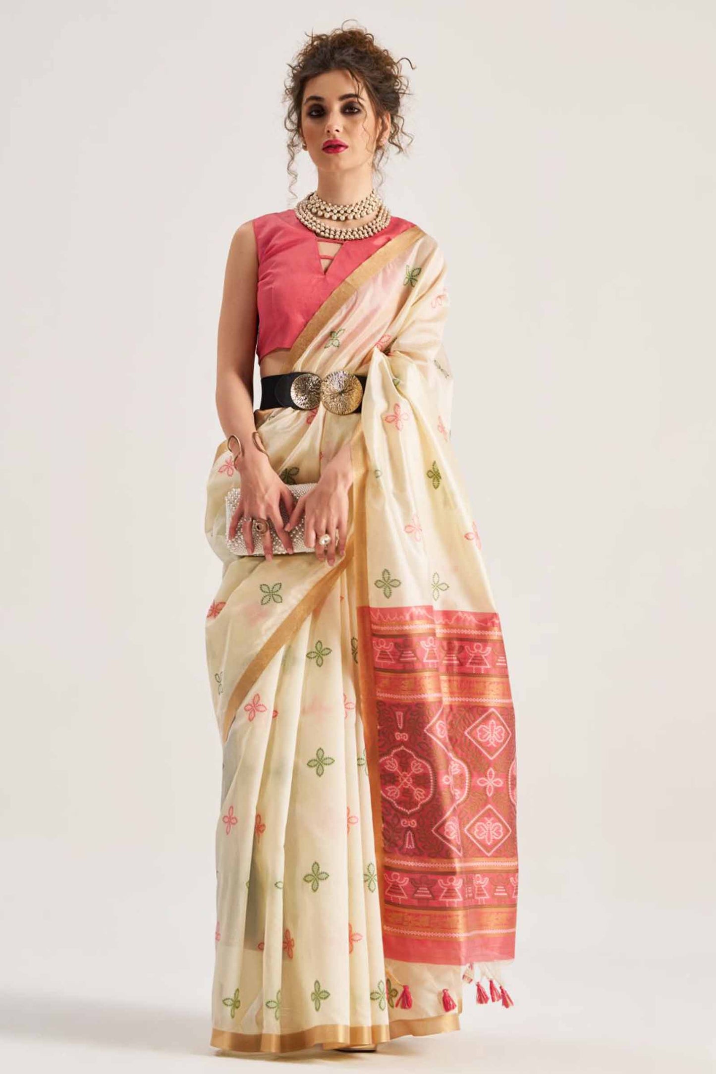 Sandal  Bandhej  Silk Zari Border Saree