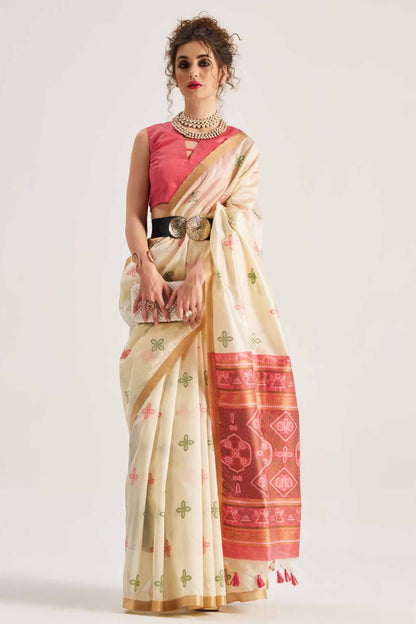 Sandal  Bandhej  Silk Zari Border Saree