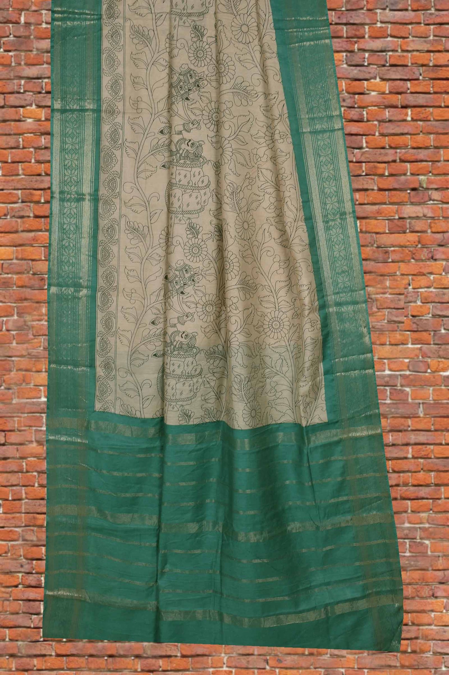Off White Bengal Cotton  Kalamkari Style Green Zari Border Pallu Saree