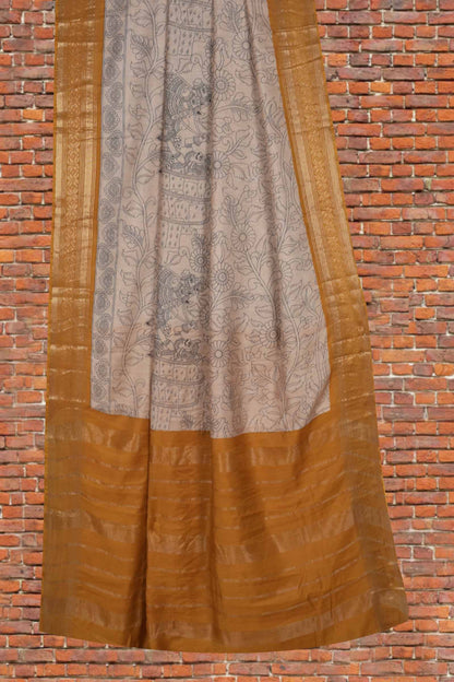 Off White Bengal Cotton  Kalamkari Style Mustard Yellow Zari Border Pallu Saree