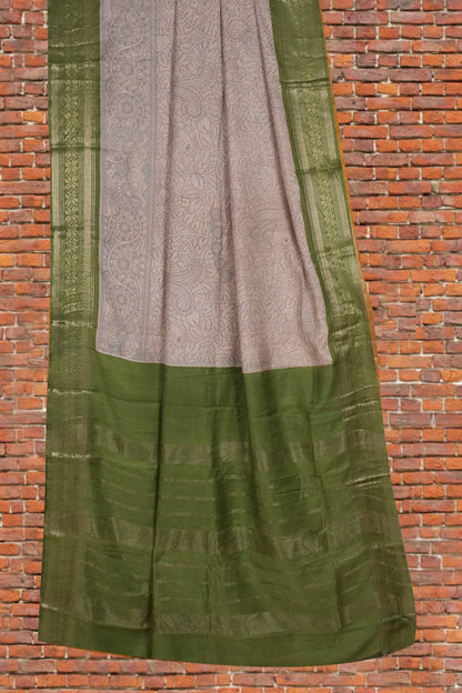 Off White Bengal Cotton  Kalamkari Style Green Zari Border Pallu Saree