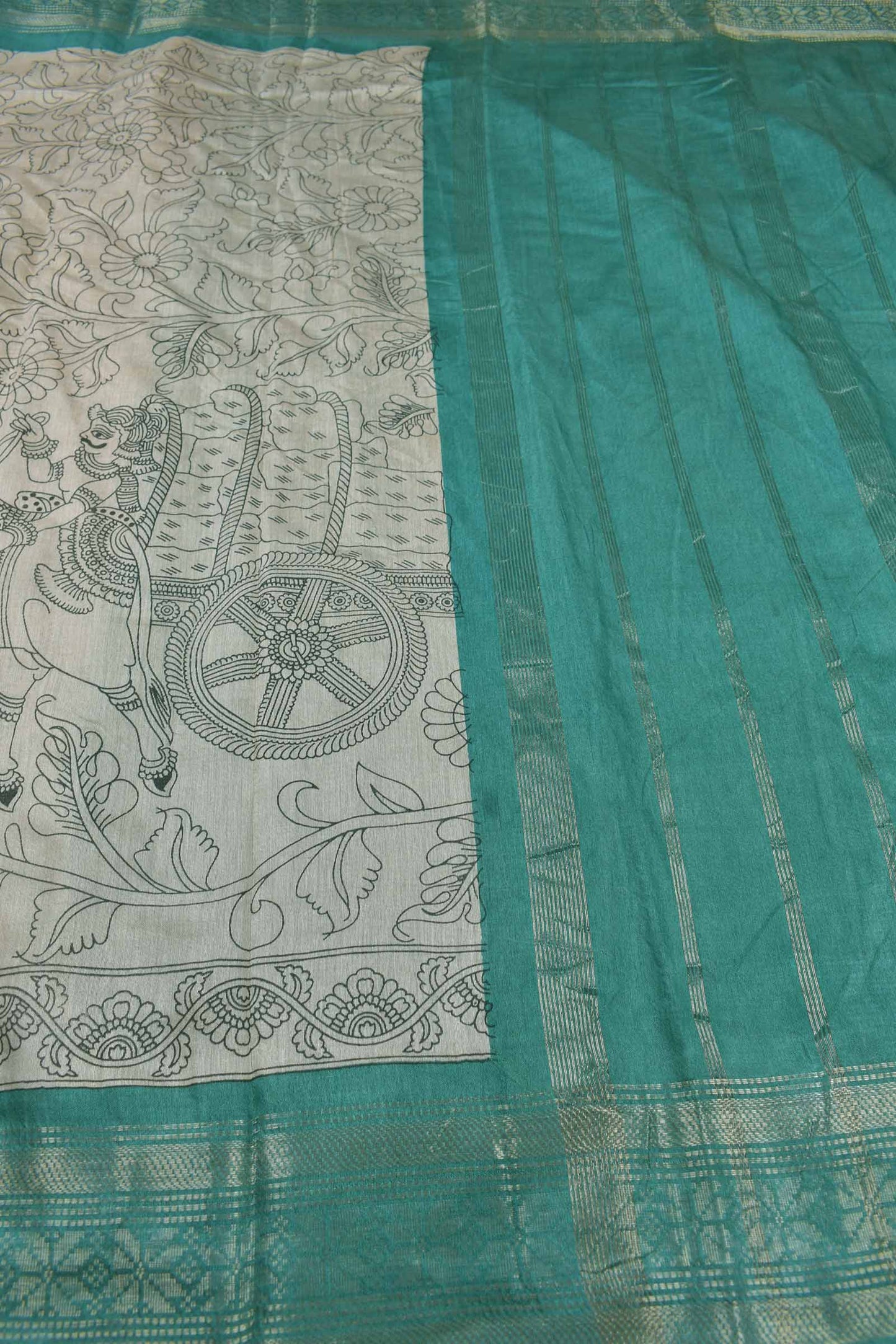 Off White Bengal Cotton  Kalamkari Style Green Zari Border Pallu Saree
