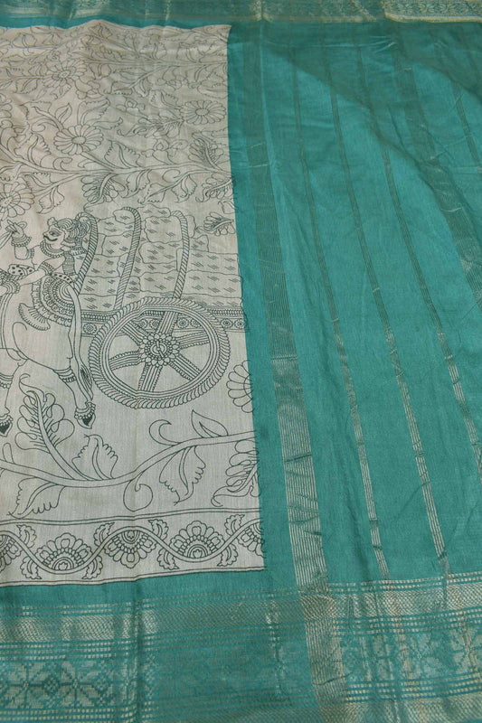 Off White Bengal Cotton  Kalamkari Style Green Zari Border Pallu Saree