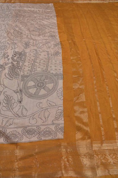 Off White Bengal Cotton  Kalamkari Style Mustard Yellow Zari Border Pallu Saree