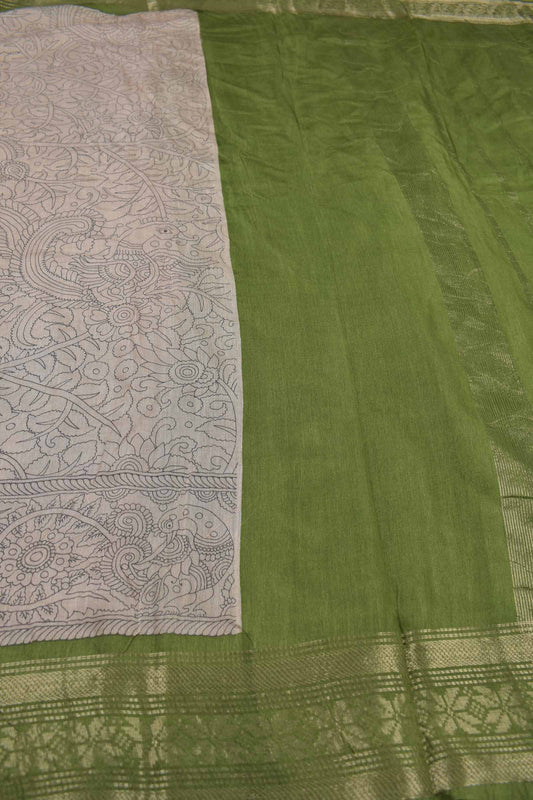Off White Bengal Cotton  Kalamkari Style Green Zari Border Pallu Saree