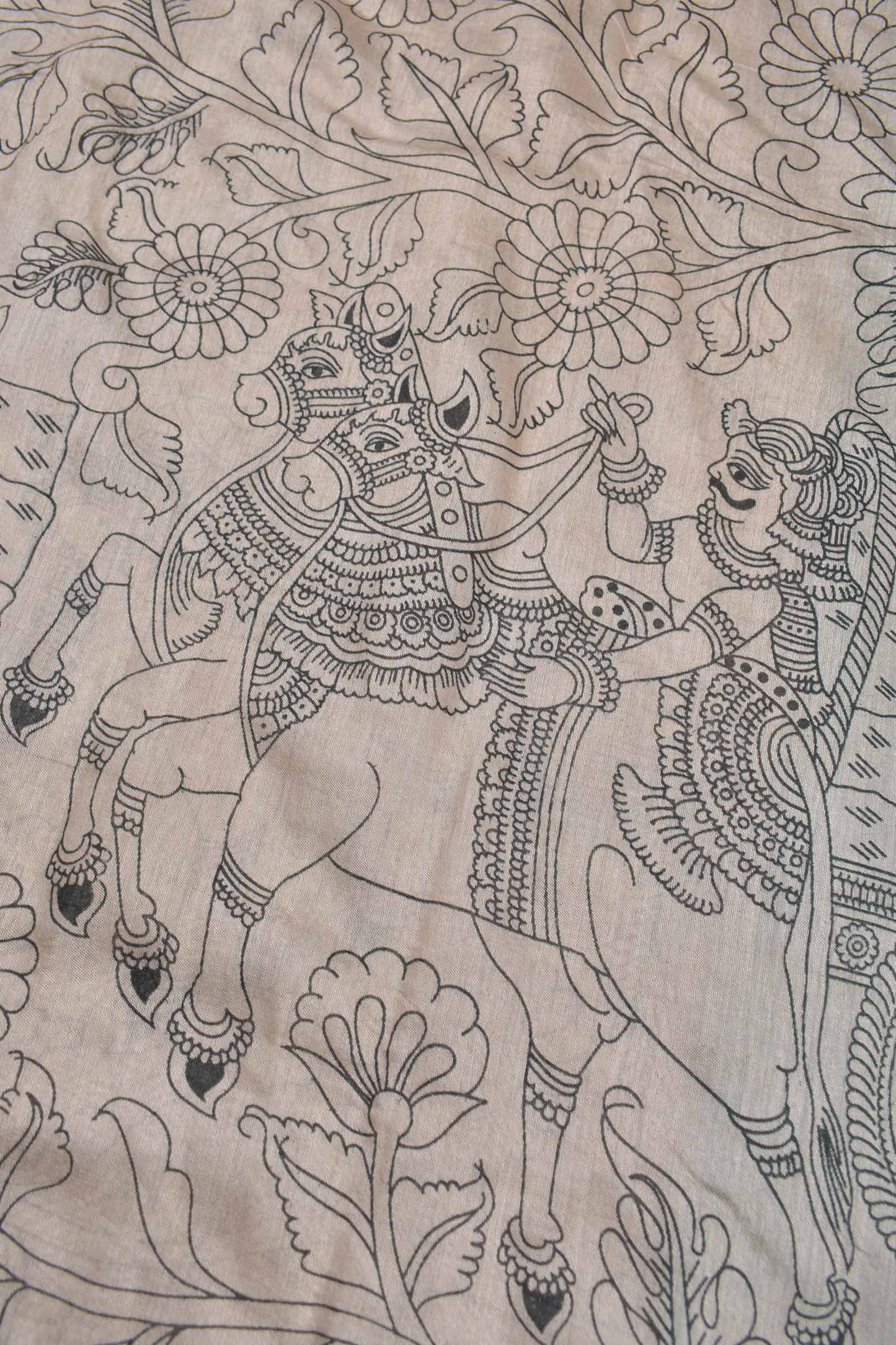 Off White Bengal Cotton  Kalamkari Style Green Zari Border Pallu Saree