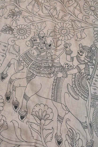 Off White Bengal Cotton  Kalamkari Style Green Zari Border Pallu Saree