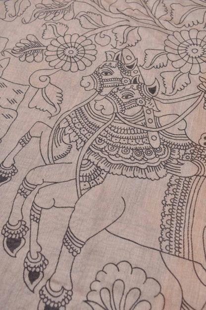 Off White Bengal Cotton  Kalamkari Style Mustard Yellow Zari Border Pallu Saree