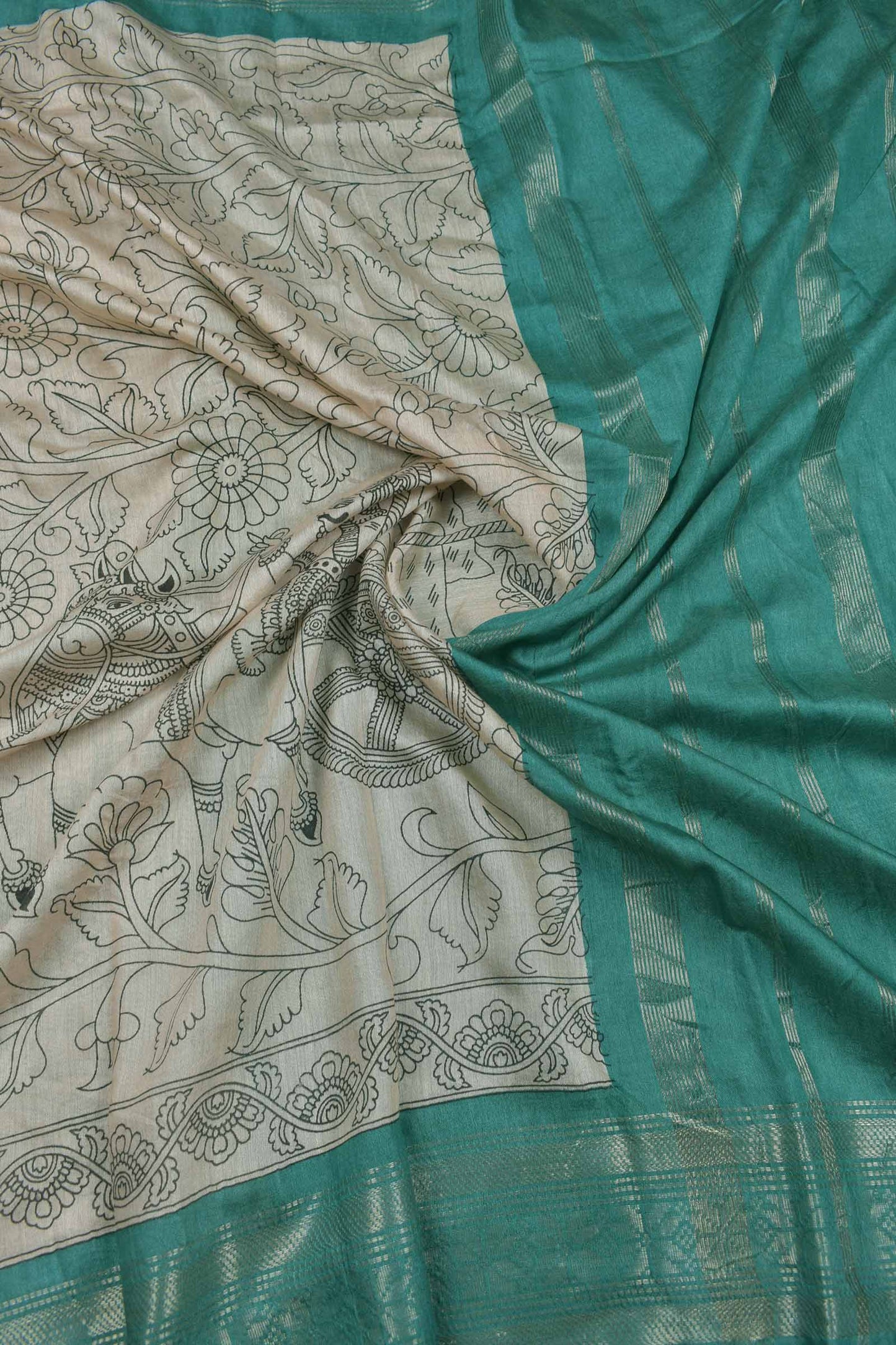 Off White Bengal Cotton  Kalamkari Style Green Zari Border Pallu Saree