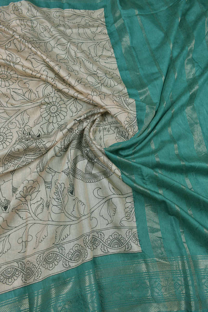 Off White Bengal Cotton  Kalamkari Style Green Zari Border Pallu Saree