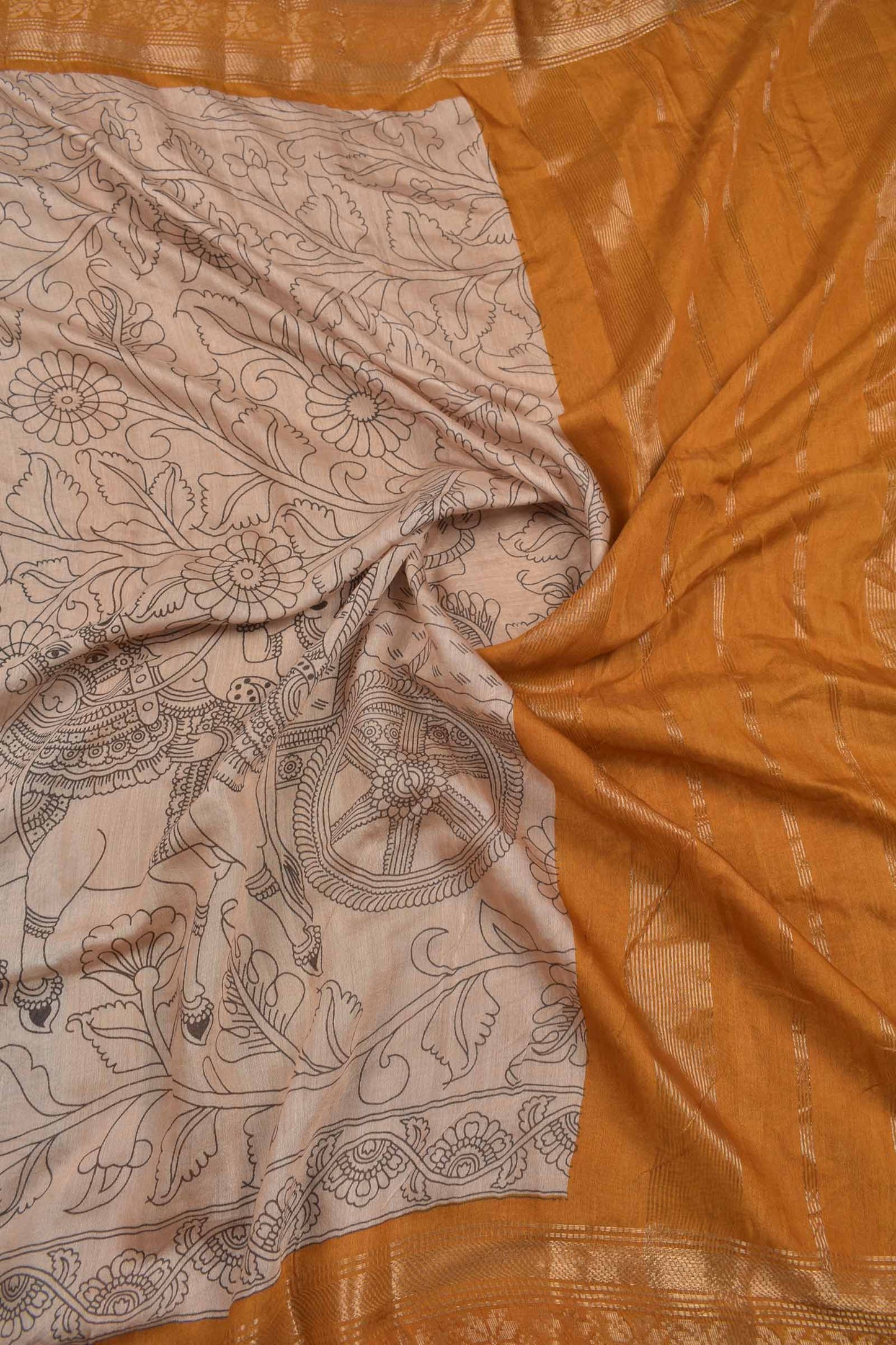 Off White Bengal Cotton  Kalamkari Style Mustard Yellow Zari Border Pallu Saree