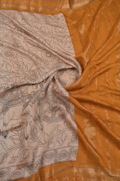 Off White Bengal Cotton  Kalamkari Style Mustard Yellow Zari Border Pallu Saree