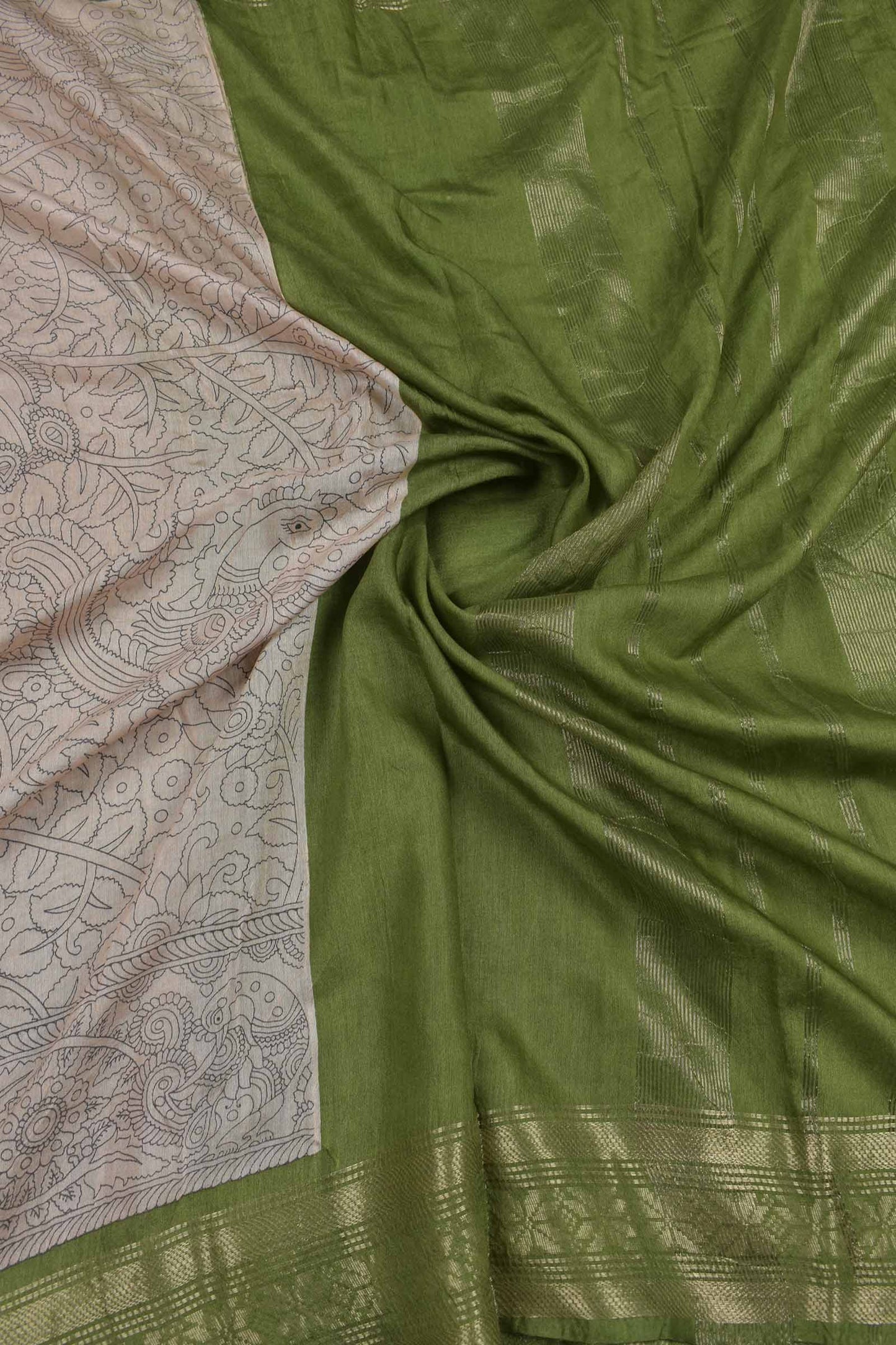 Off White Bengal Cotton  Kalamkari Style Green Zari Border Pallu Saree