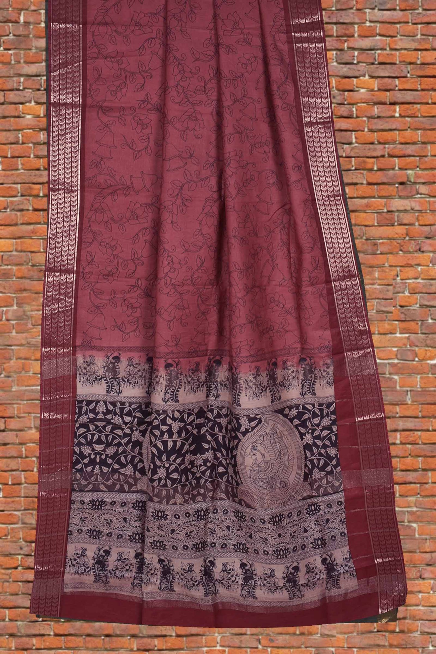 Pink Bengal Cotton Kalamkari Style Zari Border Peacock Pallu Saree