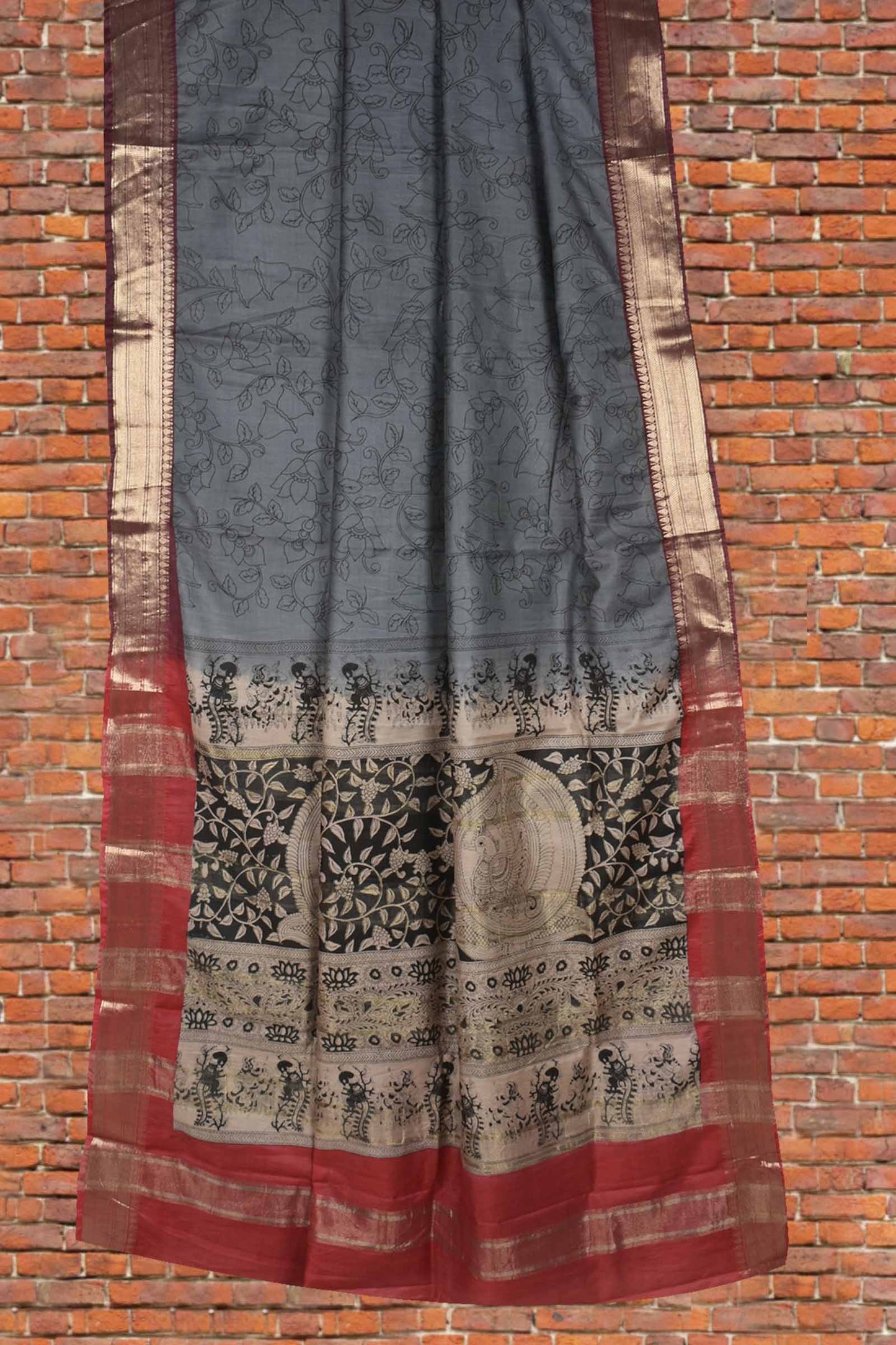 Grey Bengal Cotton Kalamkari Style Zari Border Peacock Pallu Saree