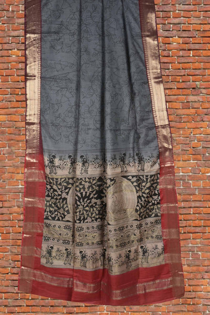 Grey Bengal Cotton Kalamkari Style Zari Border Peacock Pallu Saree