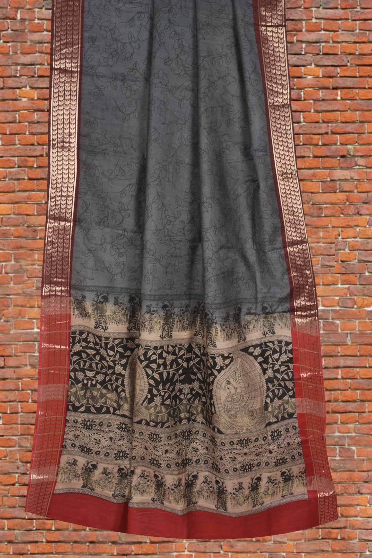 Grey Bengal Cotton Kalamkari Style Zari Border Peacock Pallu Saree