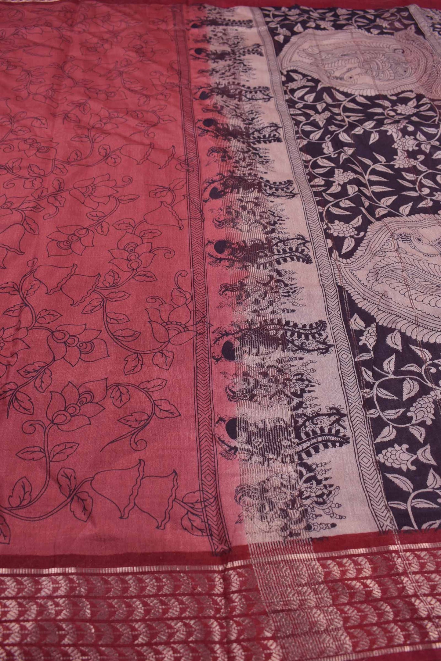Pink Bengal Cotton Kalamkari Style Zari Border Peacock Pallu Saree