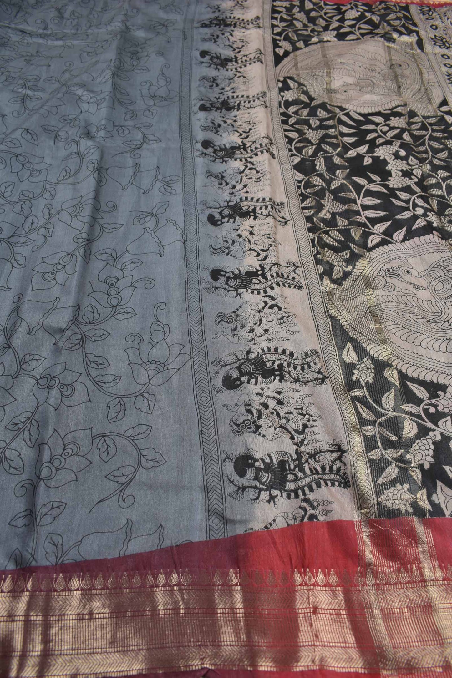 Grey Bengal Cotton Kalamkari Style Zari Border Peacock Pallu Saree
