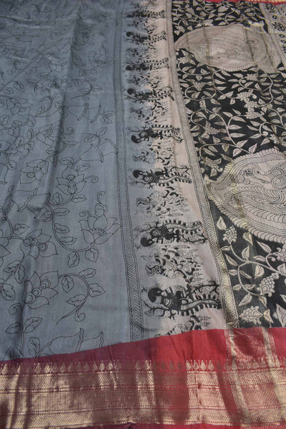Grey Bengal Cotton Kalamkari Style Zari Border Peacock Pallu Saree