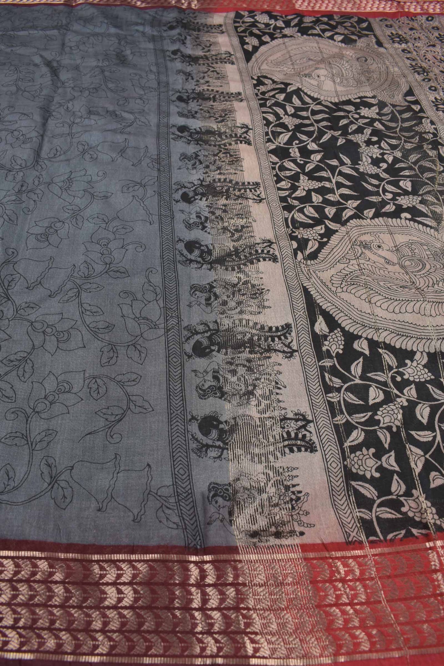 Grey Bengal Cotton Kalamkari Style Zari Border Peacock Pallu Saree