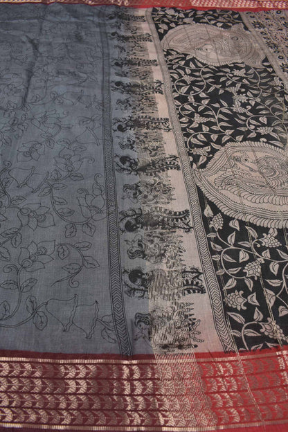 Grey Bengal Cotton Kalamkari Style Zari Border Peacock Pallu Saree