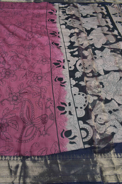 Mulberry Pink Bengal Cotton Peacock Kalamkari Style Zari Pallu Saree
