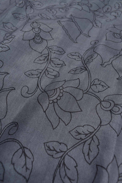 Grey Bengal Cotton Kalamkari Style Zari Border Peacock Pallu Saree