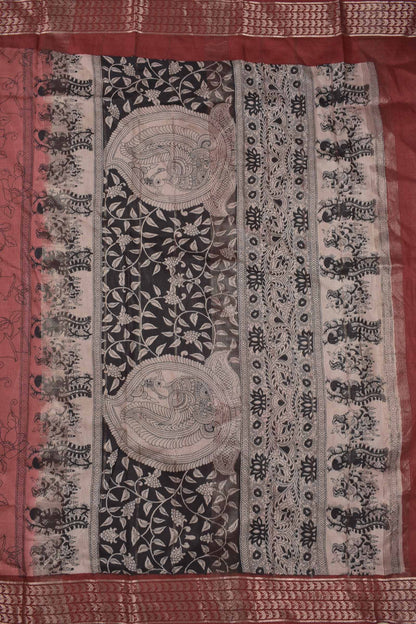 Pink Bengal Cotton Kalamkari Style Zari Border Peacock Pallu Saree