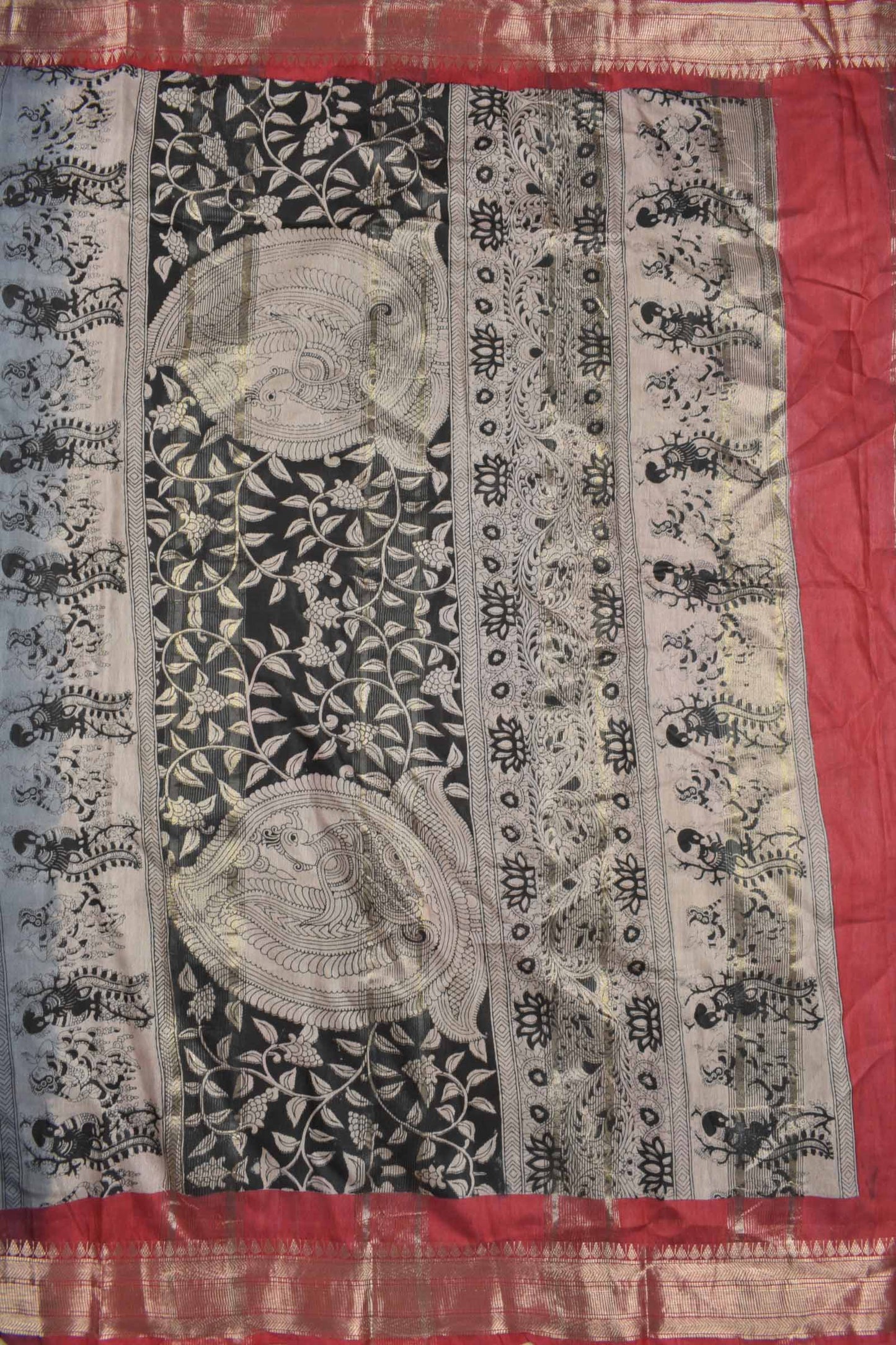 Grey Bengal Cotton Kalamkari Style Zari Border Peacock Pallu Saree
