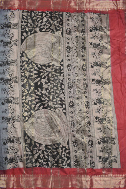 Grey Bengal Cotton Kalamkari Style Zari Border Peacock Pallu Saree