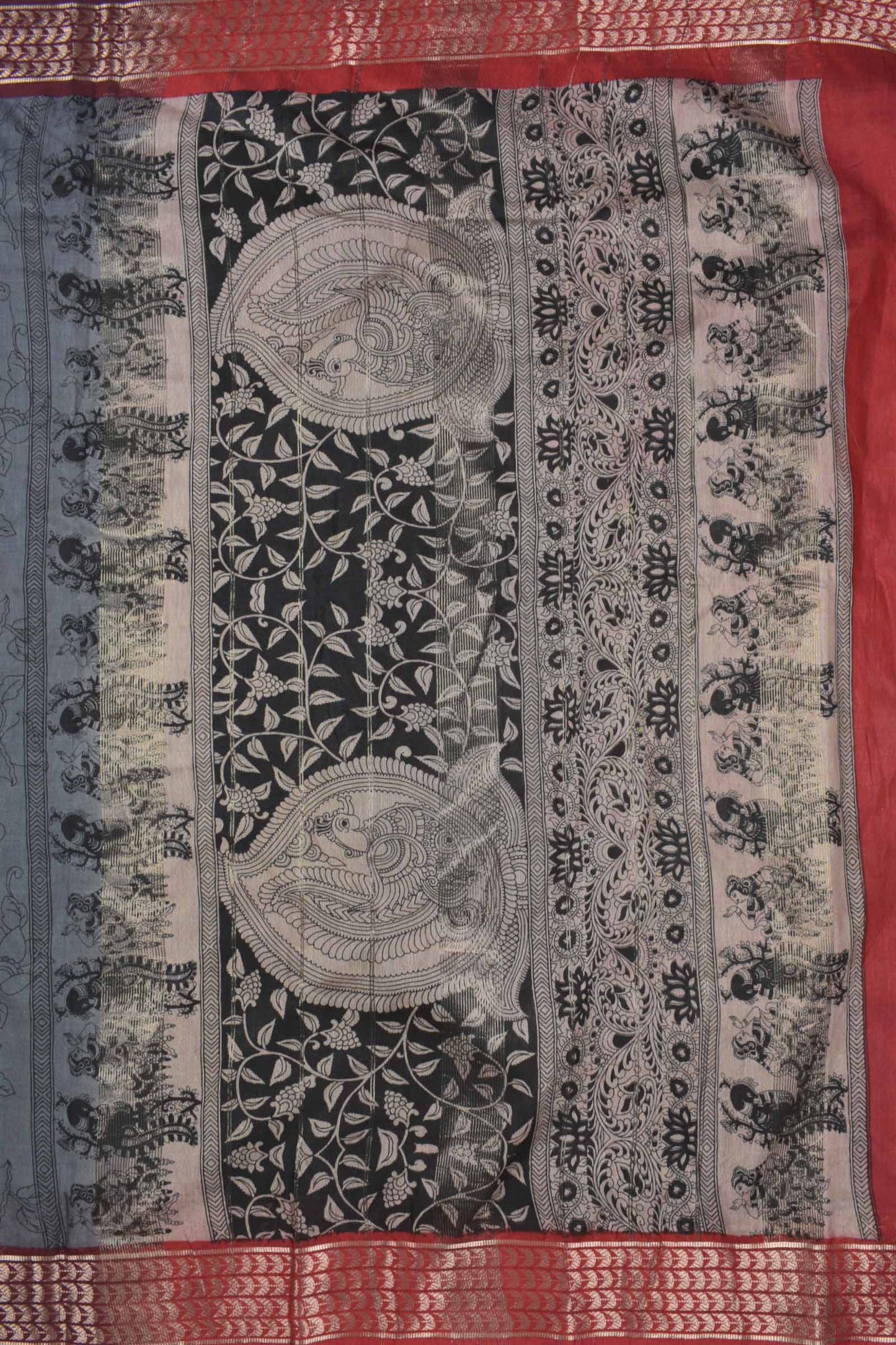 Grey Bengal Cotton Kalamkari Style Zari Border Peacock Pallu Saree