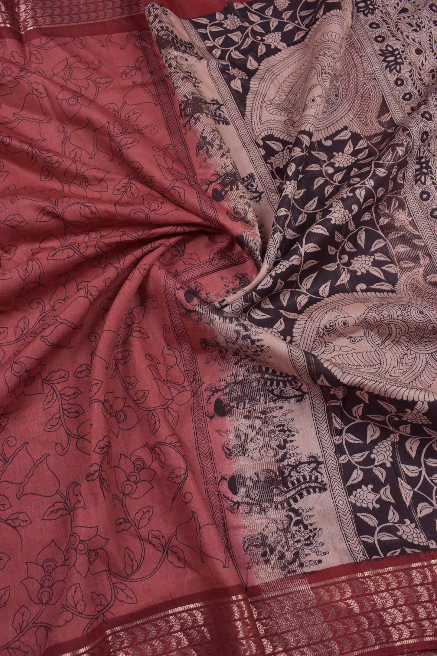 Pink Bengal Cotton Kalamkari Style Zari Border Peacock Pallu Saree