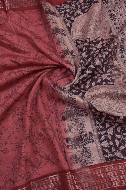 Pink Bengal Cotton Kalamkari Style Zari Border Peacock Pallu Saree