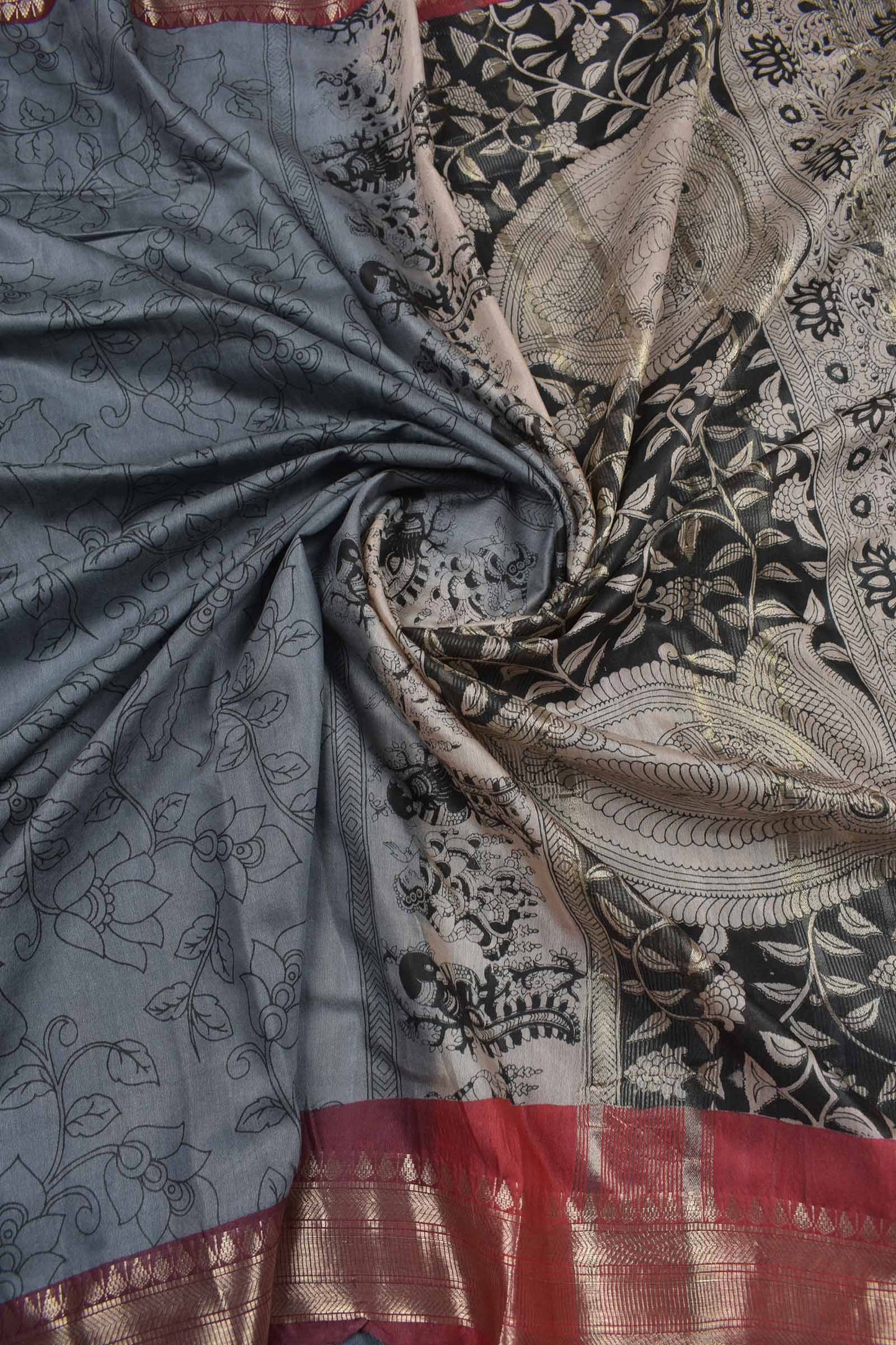 Grey Bengal Cotton Kalamkari Style Zari Border Peacock Pallu Saree