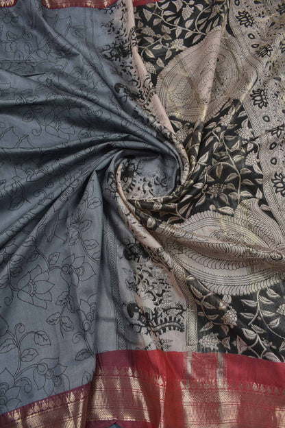 Grey Bengal Cotton Kalamkari Style Zari Border Peacock Pallu Saree